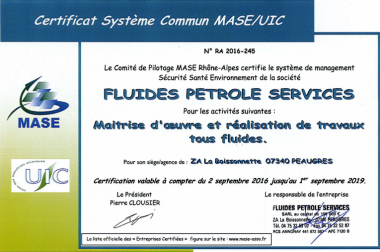 Certificat MASE obtenu le 2 septembre 2016 par FPS